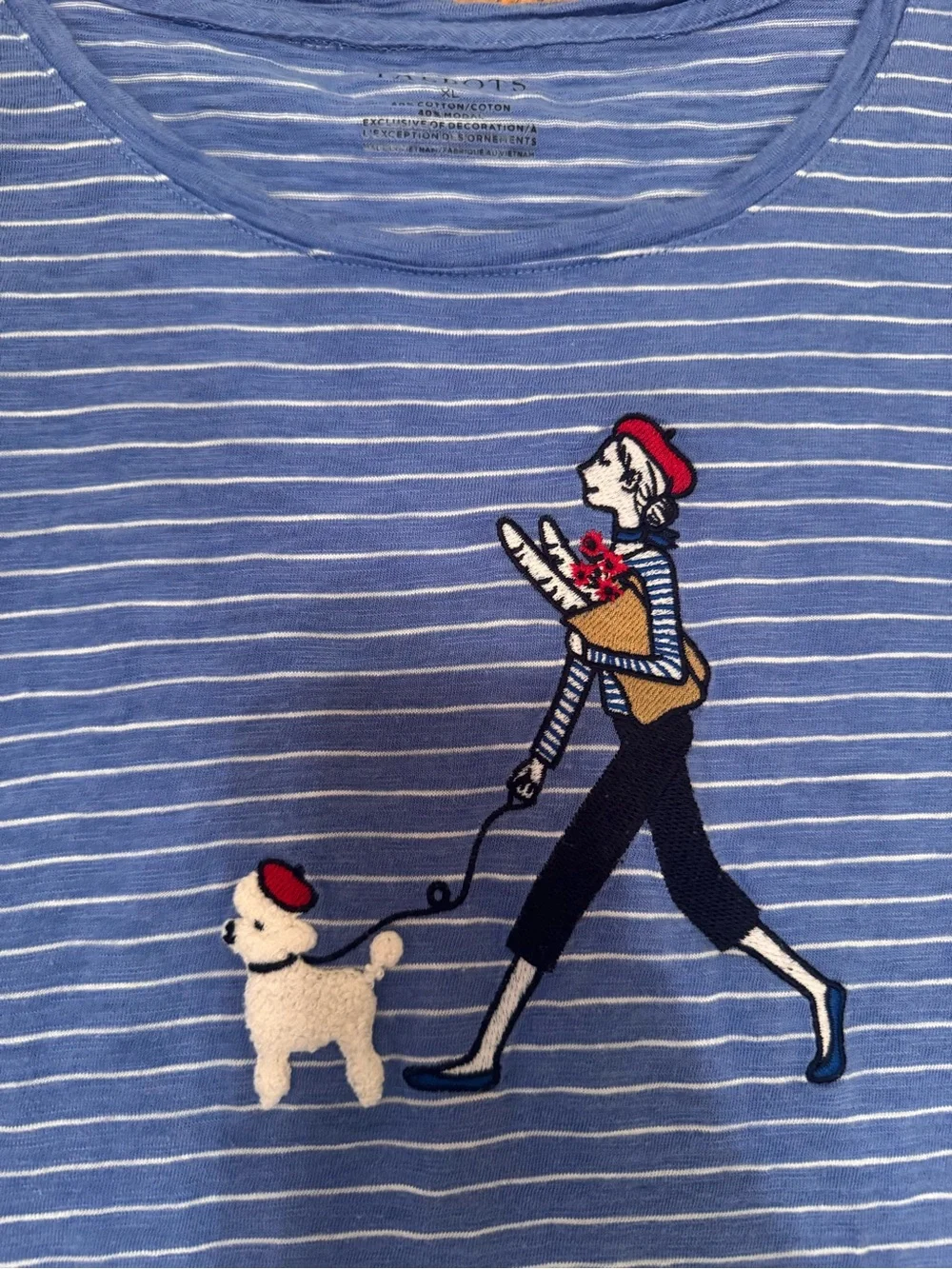 Talbots Blue Striped Long-Sleeve Tee with Dog-Walking Embroidery